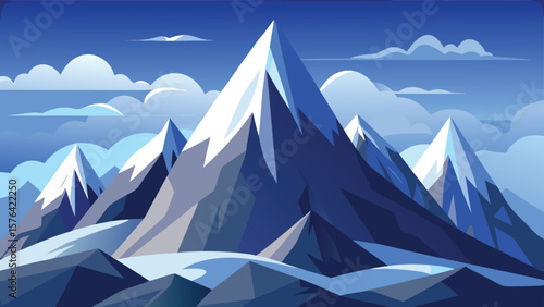 A stunning vector illustration of snow-capped mountains with a bright blue sky and fluffy clouds creating a beautiful minimalist landscape design.