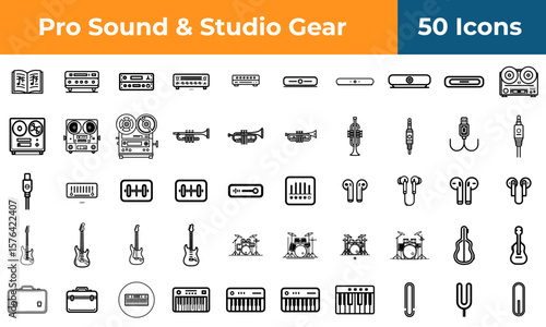 A collection of fifty black and white line art icons representing pro sound and studio gear equipment