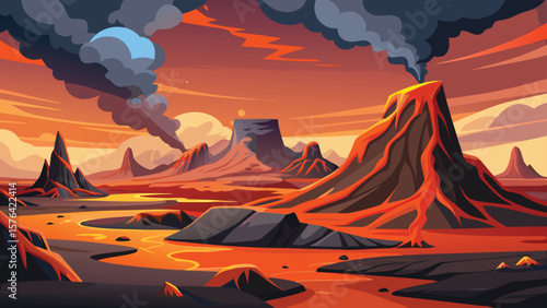 A vibrant minimalist landscape illustration of an erupting volcano with flowing lava and dynamic clouds set in a fiery and colorful environment.