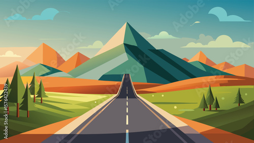 A visually appealing minimalist landscape illustration featuring a scenic road leading to a majestic mountain on a bright sunny day.