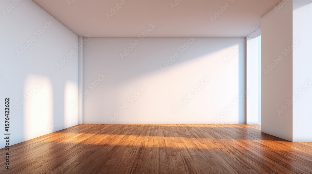 Fototapeta premium Bright empty modern room with large window, natural sunlight, wooden floor, minimalist interior design.