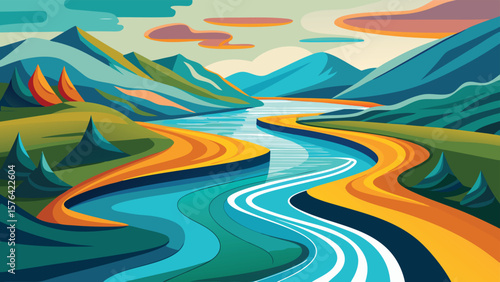 Abstract illustration of a stylized landscape with a winding river and colorful mountains depicting nature and serene tranquility