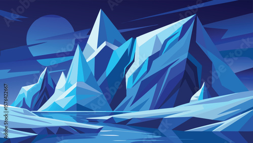 Abstract minimalist illustration of a snowy mountain landscape at night with moon and reflections in blue tones