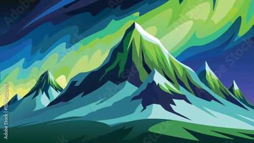 Beautiful minimalist landscape depicting mountains with snow peaks and vibrant abstract northern lights with a smooth color gradient