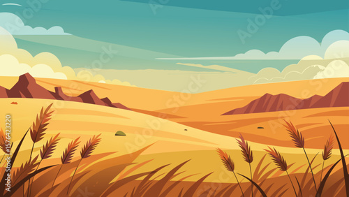 Beautiful minimalist landscape illustration depicting a scenic desert oasis with clouds and golden sunlight suitable for various projects