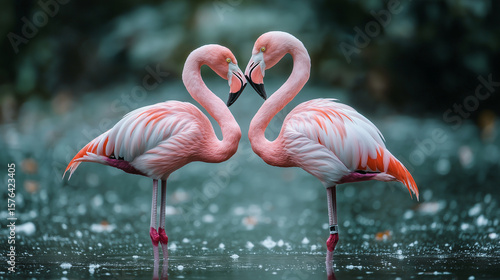 AI generator images of Portrait of two pink flamingoes standing face to face in sea, Love concept shape heart of couple flamingos on pink background minimal summer Flamingos joined together to form 