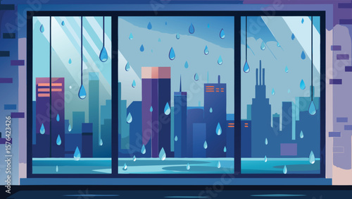 Cityscape scene through a rainy window featuring transparent raindrops, abstract minimalist landscape, urban and atmospheric illustration