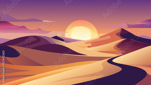 Desert sunset scene with sun and dunes in a gradient color style representing a minimalist landscape design