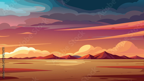Dramatic sunset over mountains and water a colorful minimalist landscape artwork with vibrant hues and stylized cloud formations.