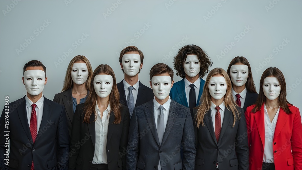 Businesspeople wearing acting theatre mask Fake Secret Identity Hidden Anxiety Mental Expression Masquerade Spy Espionage Social Fraud Businesspeople wearing acting theatre mask Fake Secret Identity Hidden Anxiety Mental Expression Masquerade Spy Espionage Social Fraud