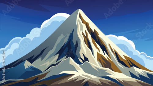 Illustration of a majestic mountain peak with snow and clouds rendered in a clean and vibrant minimalist landscape design.