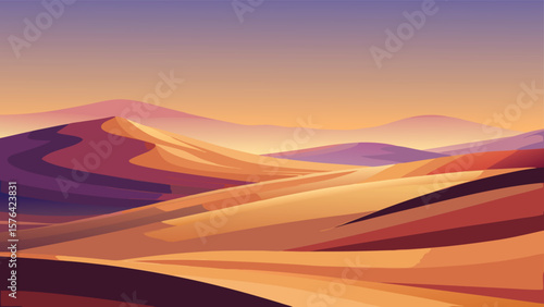Minimalist illustration of a stylized desert landscape featuring sand dunes under a warm sunset with vivid colors perfect for design projects.