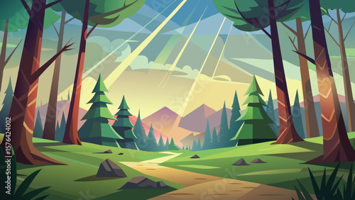 Minimalist landscape illustration depicting a sunny forest scene with trees mountains and a winding pathway suitable for diverse design purposes