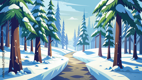 Minimalist landscape of a snowy forest scene featuring fir trees and a winding path through a winter wonderland