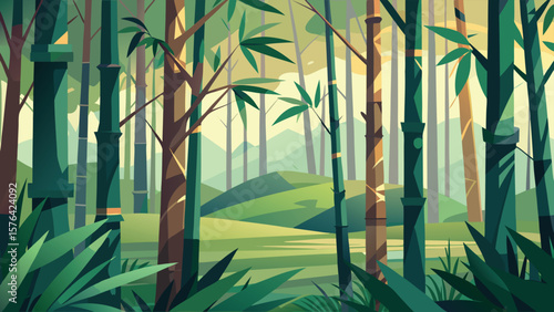 Minimalist landscape of a bamboo forest featuring lush green foliage and scenic mountains in a serene and calm environment