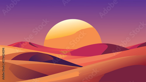 Minimalist landscape showcasing a sunset over sand dunes rendered with a gradient color palette and vibrant desert scenery.