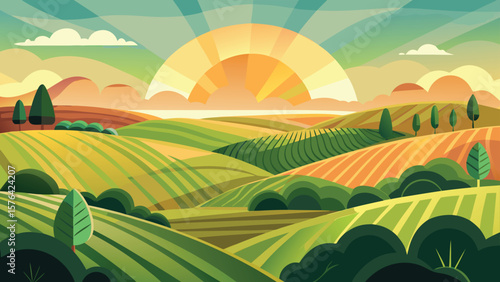 Scenic minimalist landscape illustration featuring rolling hills with fields of green and orange colors against a sunset sky