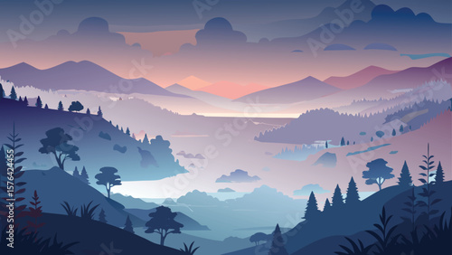 Serene minimalist landscape illustrating mountains trees and a misty valley with a beautiful gradient sky during sunset or sunrise