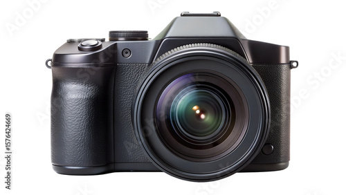 A black digital camera with a large lens isolated on a transparent background