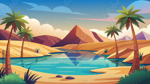 Stylized desert oasis scene featuring palm trees reflecting in tranquil water with mountains and sky