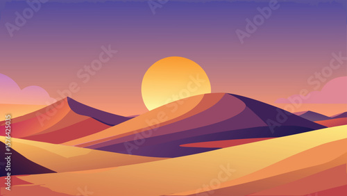 Sunset over desert dunes a striking minimalist landscape of sun and sands against a colorful evening sky, desert sunset illustration
