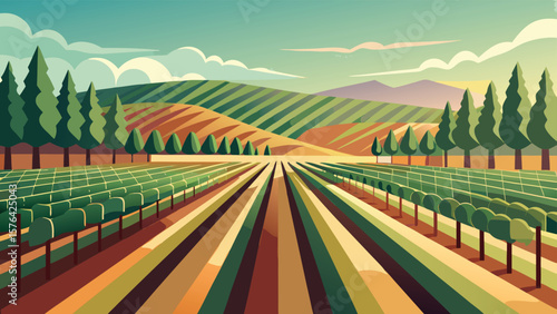 Stylized vector illustration of a serene vineyard landscape depicting rows of grapes and lush foliage suitable for various design purposes