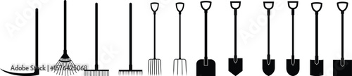 Gardening tools icon set hand rake spade, hoe, shovel, and Trowel vector collection isolated on transparent background for creative projects. Gardening tools landscape construction farm work equipment