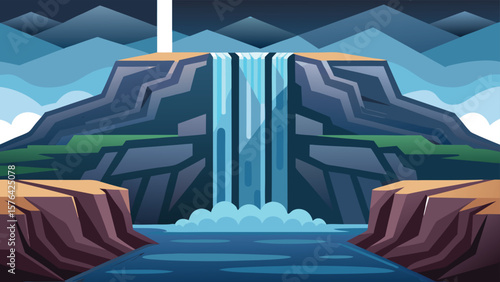 Stylized waterfall illustration depicting scenic landscape and minimalist mountainous terrain suitable for nature related design