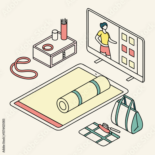 Home workout setup with yoga mat and online fitness class