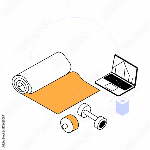 Home workout equipment in isometric style with orange accents