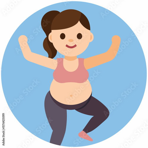 Pregnant woman doing yoga in tree pose on blue background