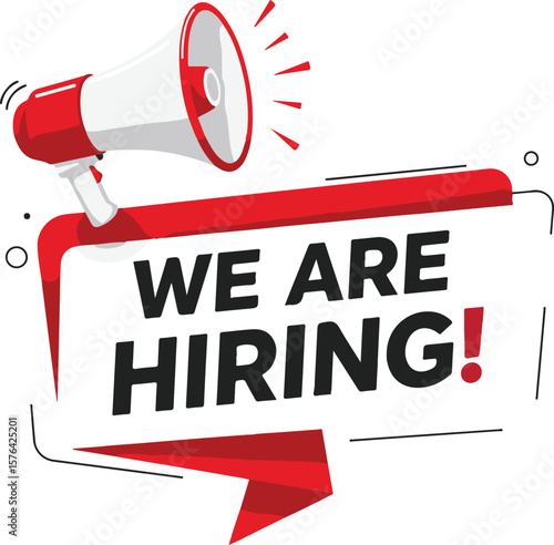 Vector art of we are hiring announcement with a red megaphone and speech bubble