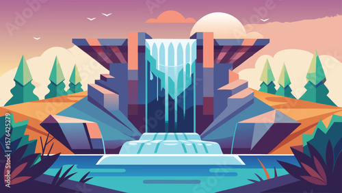 Vector illustration of a cascading waterfall within a contemporary minimalist landscape design with birds and clouds on a white background.
