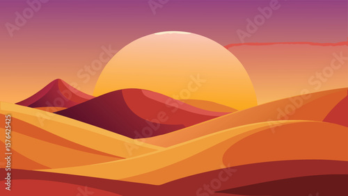 Vibrant minimalist desert landscape illustration with sun and sand dunes in warm orange and red hues