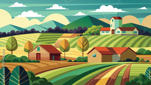 Vibrant minimalist landscape depicting a rural farm scene with rolling fields, farmhouses, and trees under a colorful sky