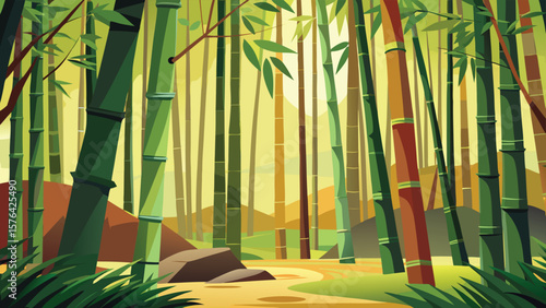 Vivid illustration depicting a lush bamboo forest scene displaying serene nature with various colorful bamboo stalks