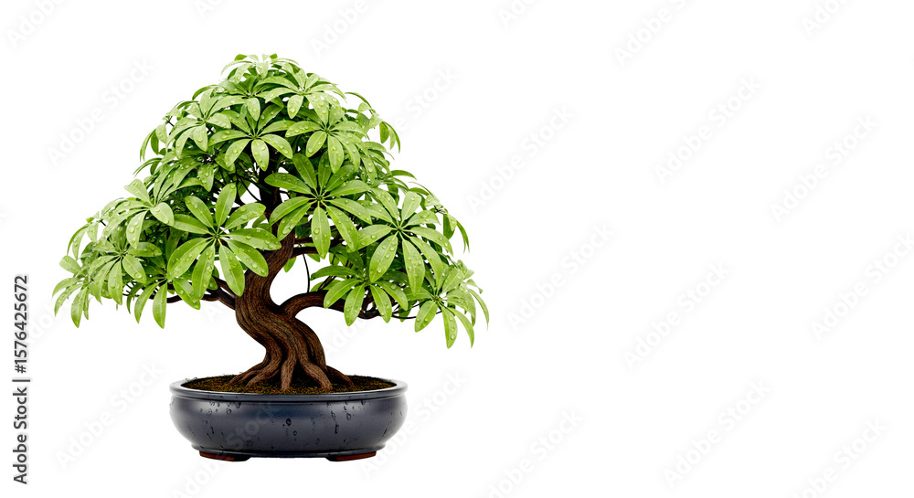 Lush Green Bonsai Tree with Dew Drops in a Dark Gray Pot Lush Green Bonsai Tree with Dew Drops in a Dark Gray Pot