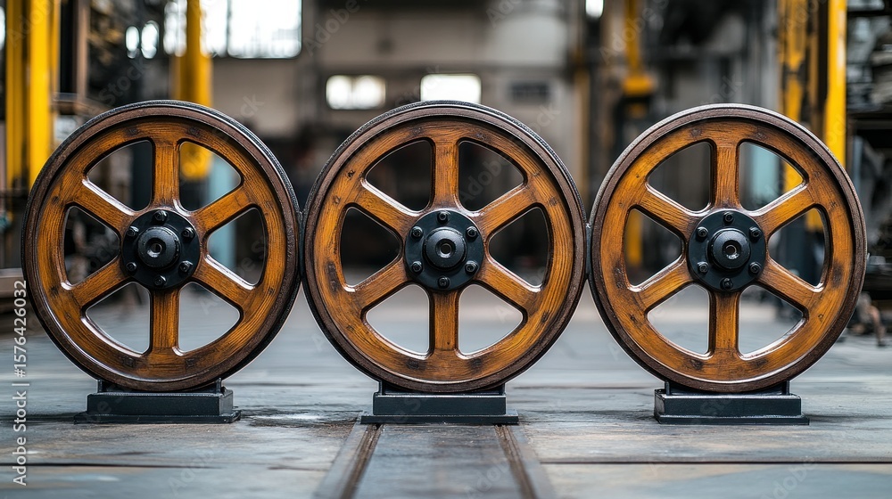 Obraz premium Three vintage-style wooden wheels on stands in a factory setting