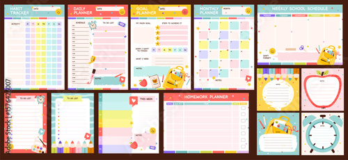 Back to school planner set for kids and students. Weekly schedule, to-do list, and habit tracker in a cute flat design. Organizing study goals and tasks. Education concept.