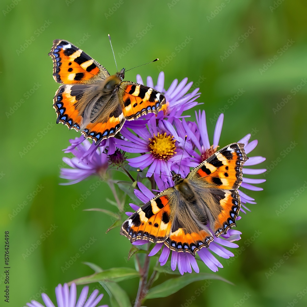 Obraz premium Two Tortoiseshell Butterflies on Purple Aster Flowers in a Meadow