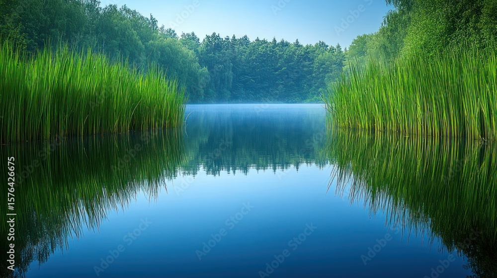 Obraz premium Tranquil lake, mirrored forest. Lush green reeds frame still water