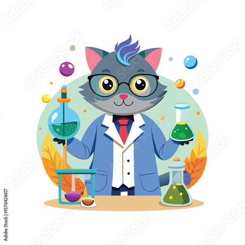 Cute Scientist Cat Mixing Colorful Potions in Lab. Fun Chemistry Experiment Vector Illustration on White Background. Adorable Feline Science Character Art.