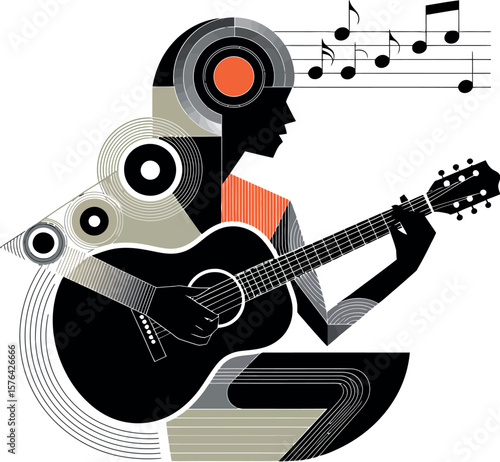 Illustration of a person playing a guitar with music notes and geometric shapes around them