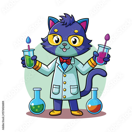 Cute Scientist Cat Mixing Colorful Potions in Lab. Fun Chemistry Experiment Vector Illustration on White Background. Adorable Feline Science Character Art.