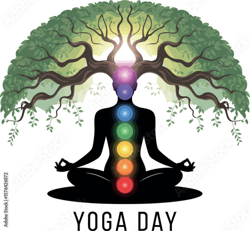 Silhouette meditating under a tree with chakra points for yoga day celebration illustration