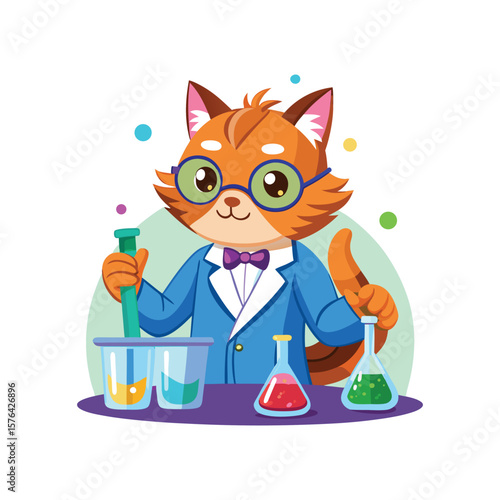 Cute Scientist Cat Mixing Colorful Potions in Lab. Fun Chemistry Experiment Vector Illustration on White Background. Adorable Feline Science Character Art.
