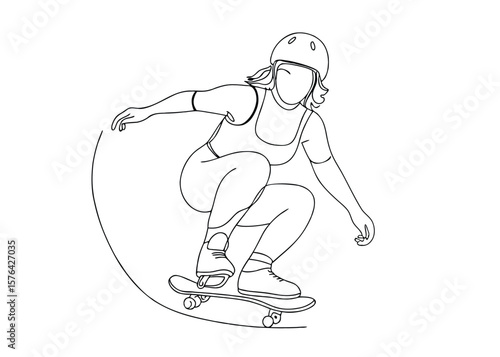 Continuous one line drawing of female skater performing a trick on a skateboard