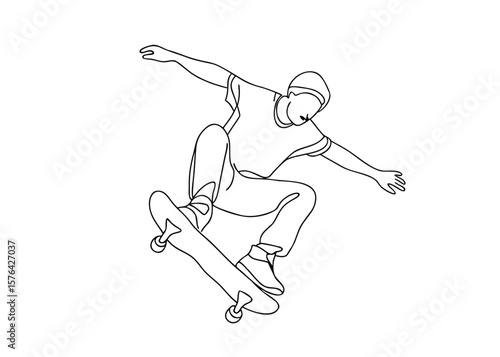 Continuous one line drawing of a skateboarder performing an airborne trick with outstretched arms
