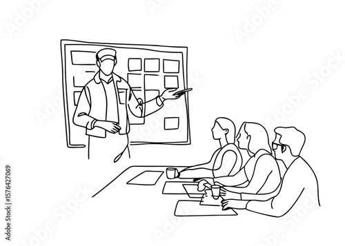 Continuous one line drawing of Business presentation with a speaker and audience 