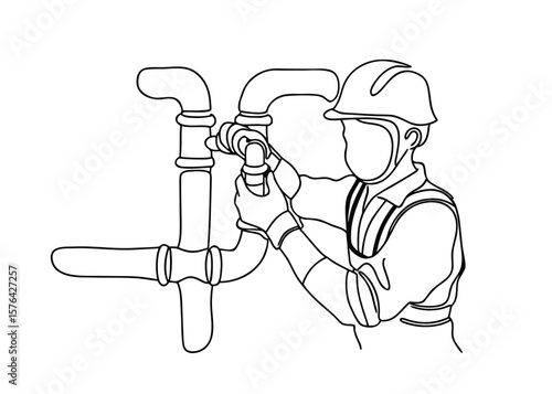 Continuous one line drawing of plumber connecting pipes with tools in an industrial setting